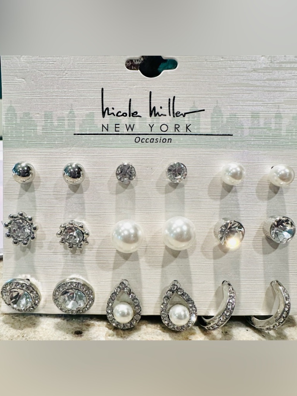 NWT Nicole Miller Occasion Silver, White Pearl and Crystal Earring Set of 9